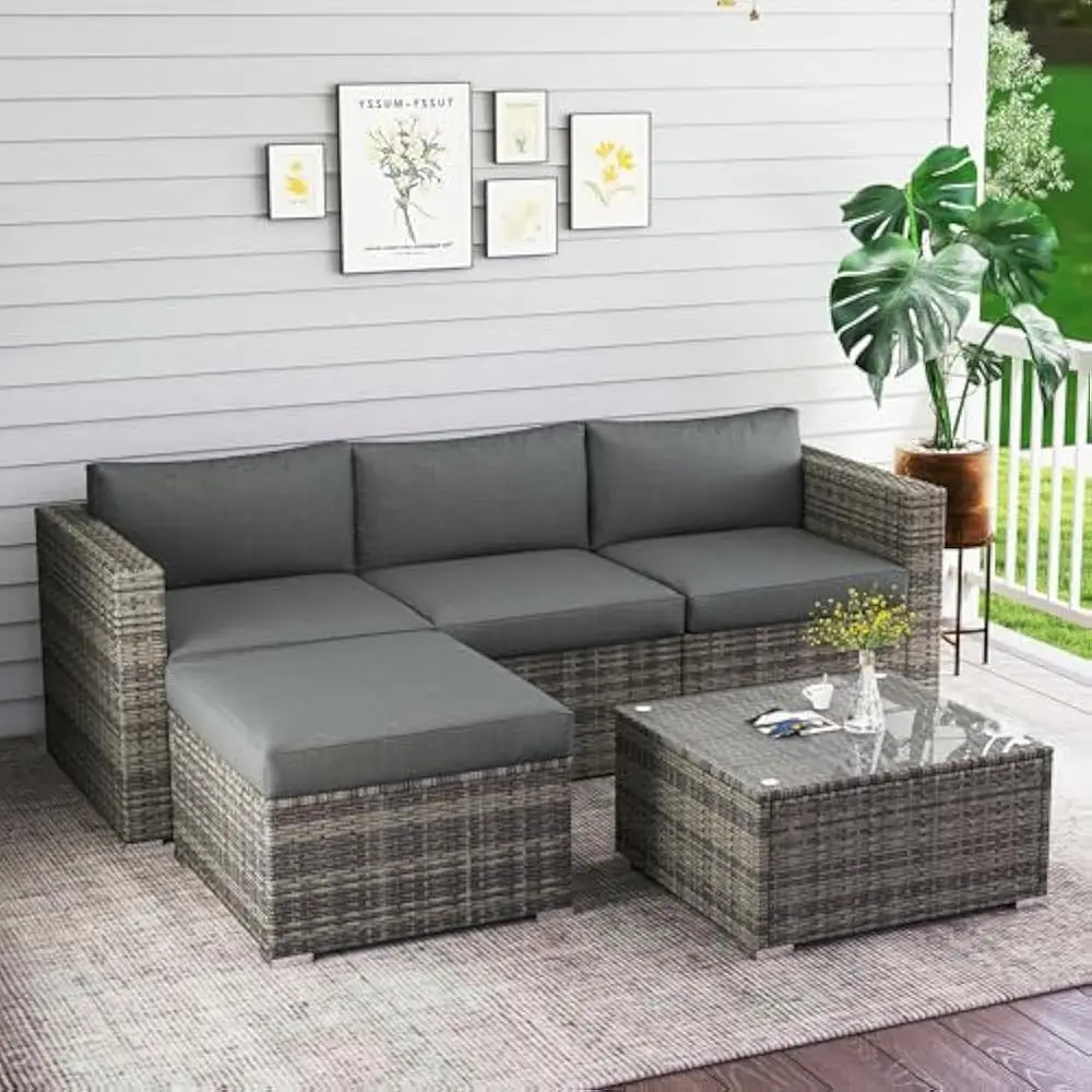 

5-Pieces Outdoor Patio Furniture Sets with Cushions & Glass Coffee Table, All Weather Wicker Rattan Sectional Sofa Set