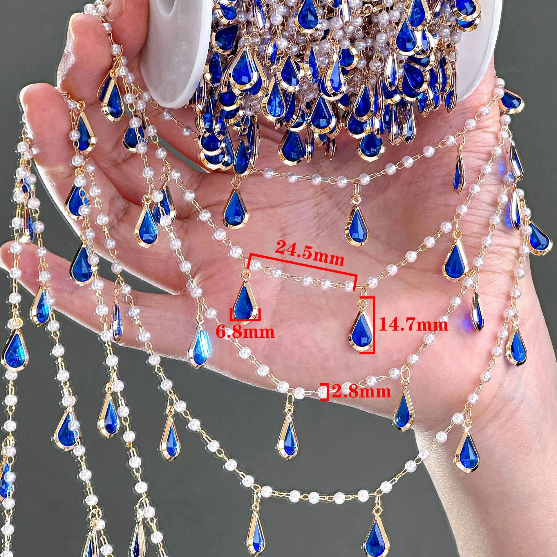 1 Meter tropfenförmige Zirkon-Kristallkette in Blau für DIY-Armbänder, Halsketten, Kleidungszubehör, Haarkronenketten, Materialien – Detail 1