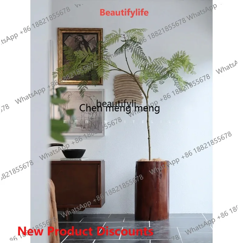 03 Medieval style solid wooden barre  living room floor-to-ceiling vase retro simulated green plant flower ornament  restaurant
