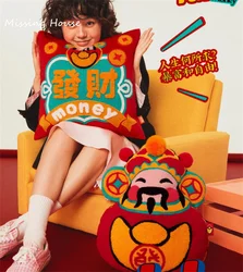 Happy Chinese Lucky Rich Money Facai Embroidery Velvet Pillow Back Cushion Shop Home Decro Sofa New Year Party Creative Gift