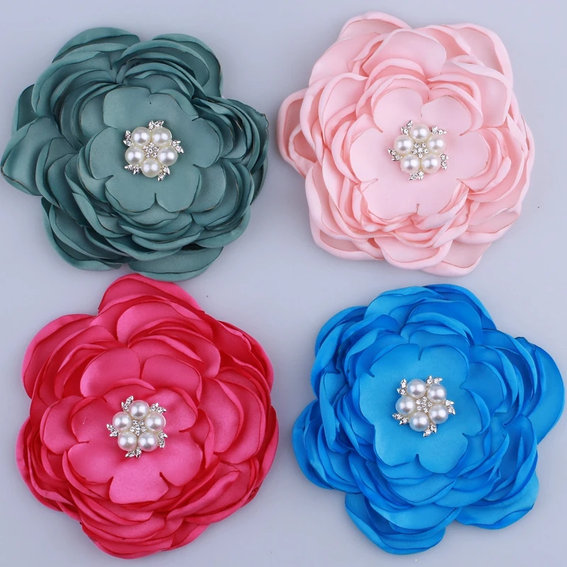 120PCS 9.2CM New Satin Fabric Burned Flowers With Rhinestone Pearl For Hair Accessories Chiffon Flower For Headbands Clothes