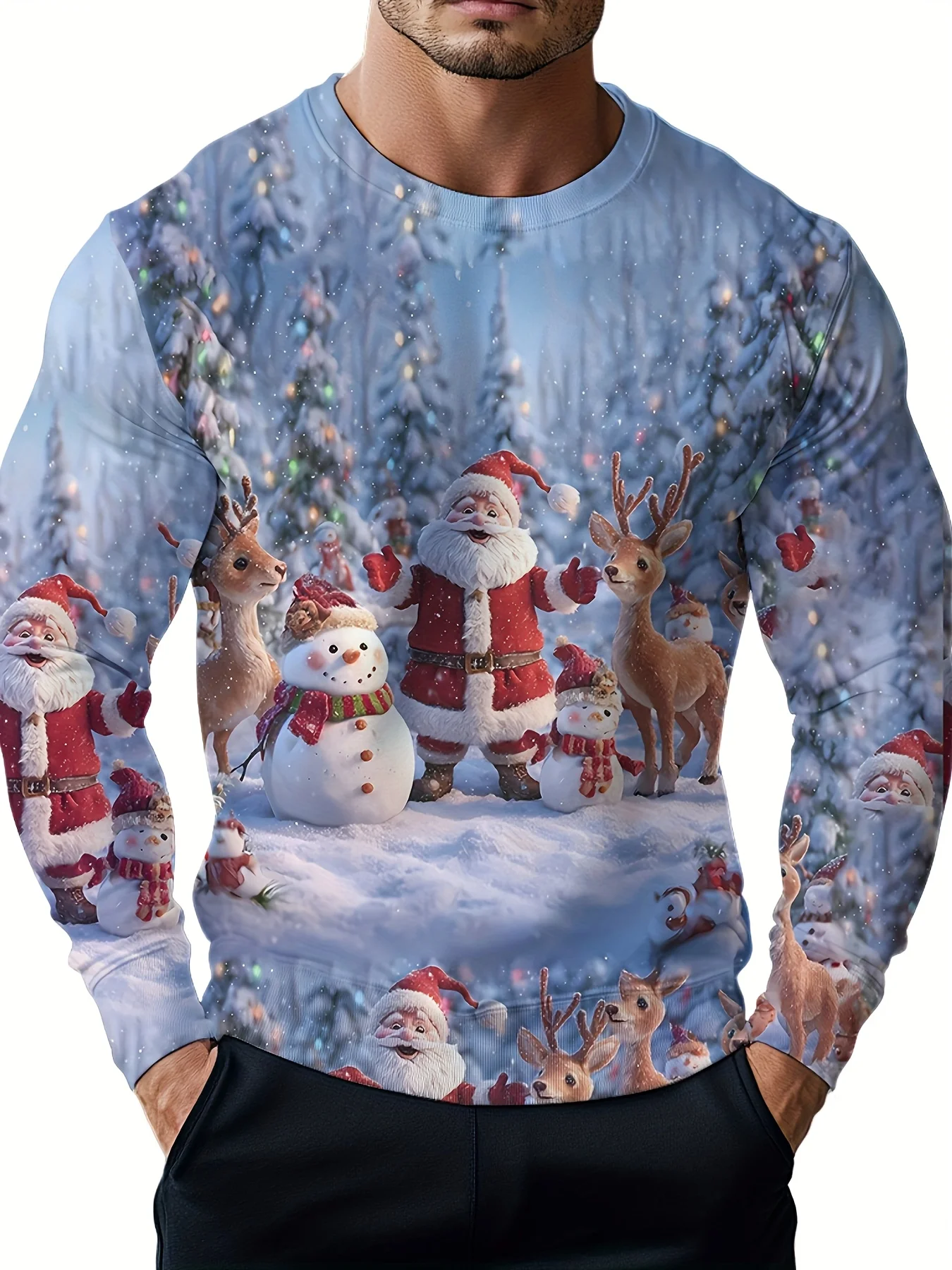 Men Crewneck Sweatshirt, Santa Snowman Reindeer Winter Forest Xmas Polyester Pullover