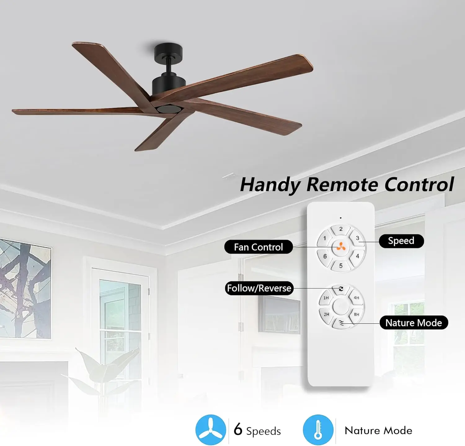 64 Inch DC Ceiling Fan without Lights, 5 Reversible Carved Solid Wood Blades, 6-Speed Noiseless DC Motor, Ceiling Fan No