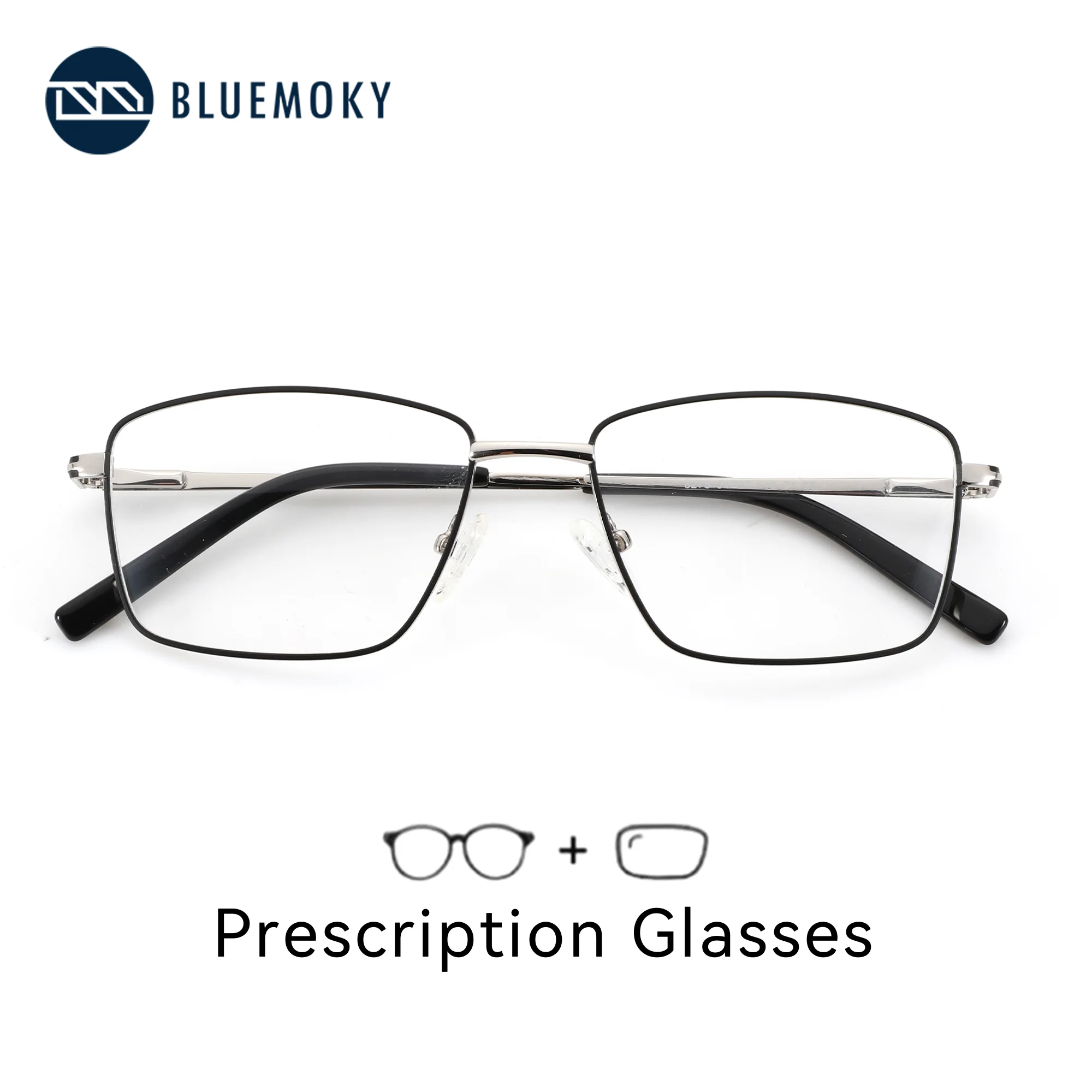 bluemoky-スクエア処方眼鏡男性用合金フレーム度付きカスタム近視フォトクロミックレンズ
