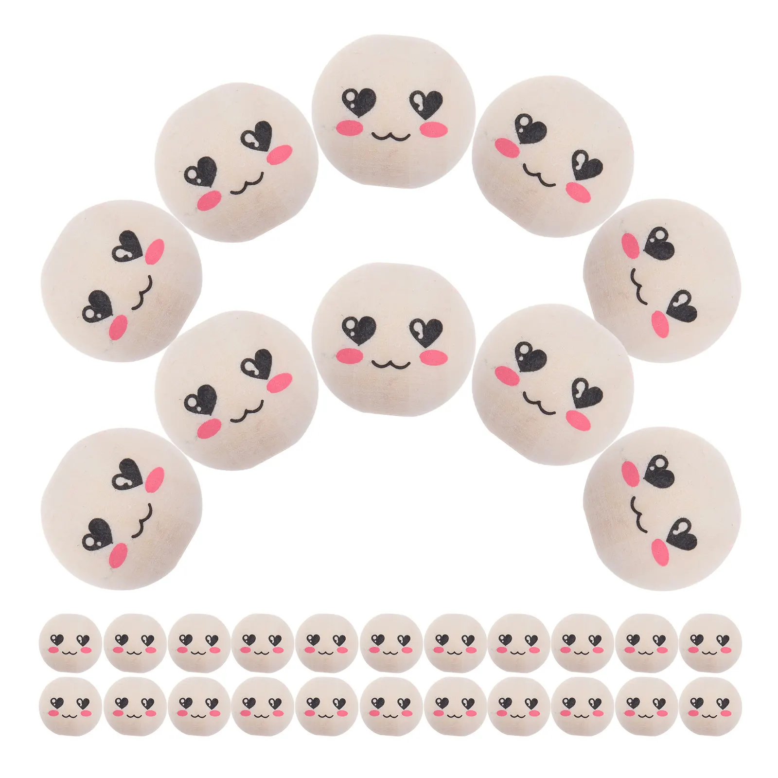 50Pcs Natural Wood Round Beads Smile Face Pattern for DIY Jewelry Making Kids Crafts Keychains Classroom Activities Educational