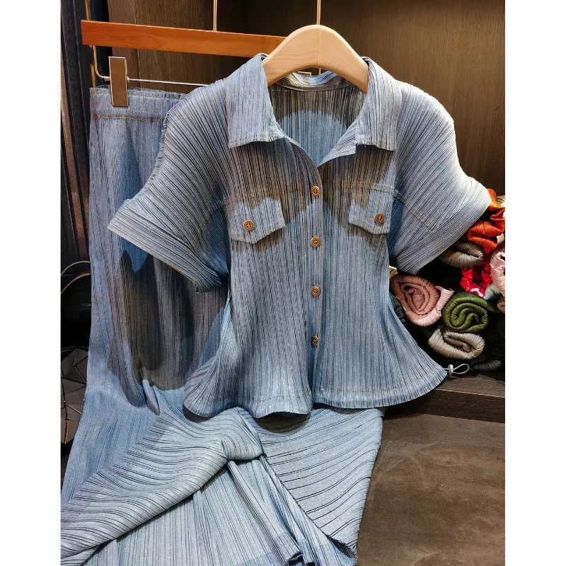 مياكي مطوي تنورة مجموعة خمر قميص دينيم فو بوستير أضعاف Jupe الطيات مجموعة 2026 ربيع جديد أعلى + ألف خط تنورة 2 قطعة الإناث