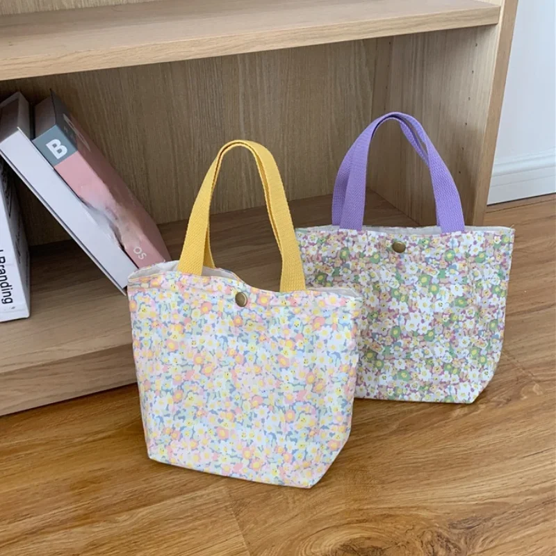 Casual Women Portable Lunch Bento Bag Retro Flower Ladies Small Handbags Cotton Cloth Female Shopper Clutch Purse Shoulder Bags