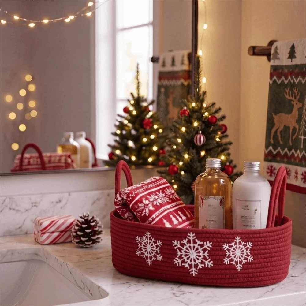 Oval Christmas Snowflake Embroidery Storage Basket Portable With Handle Desktop Storage Basket Handmade Woven