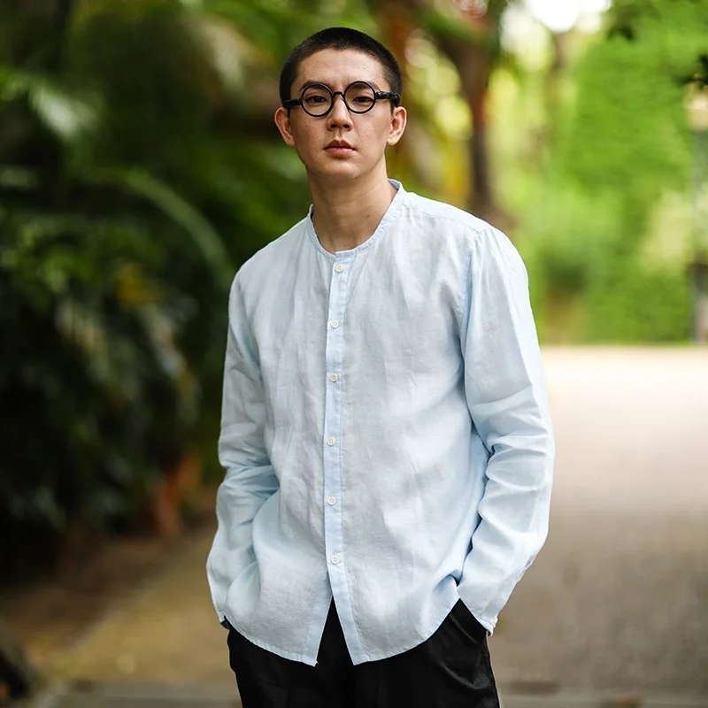 

Льняная футболка свободного кроя с длинным рукавом и круглым вырезом, тонкий летний кардиган для молодых мужчин, для пляжа и отдыха