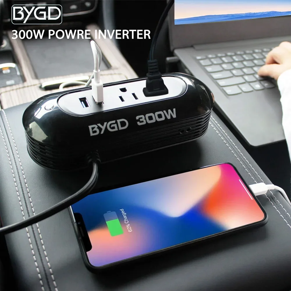 BYGD 300W Car Power Inverter DC 12v to AC 220V/110V Auto Power Converter EU US Socket 3.1A Dual USB Port Car Power Adapter