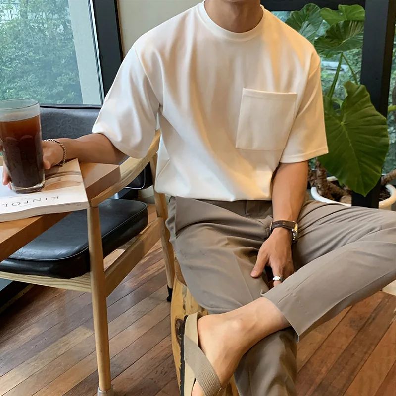 Men's New Crew Neck Solid Color Short Sleeve Casual Commuting Daily Wear Minimalist Basic Style Men's Pocket Decoration T-shirt