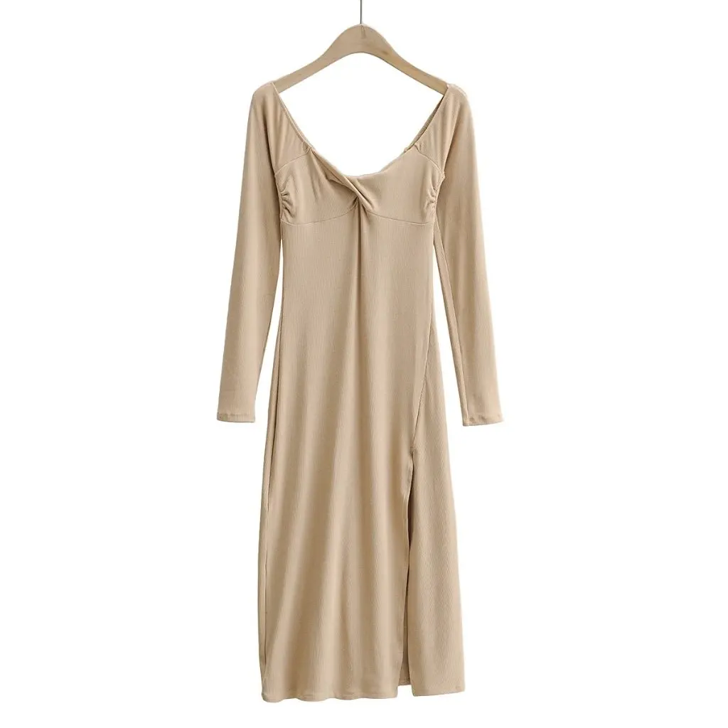 Vestido de manga larga con cuello en U de corte bajo para mujer estilo europeo y americano primavera otoño vestido Sexy con abertura lateral a la moda