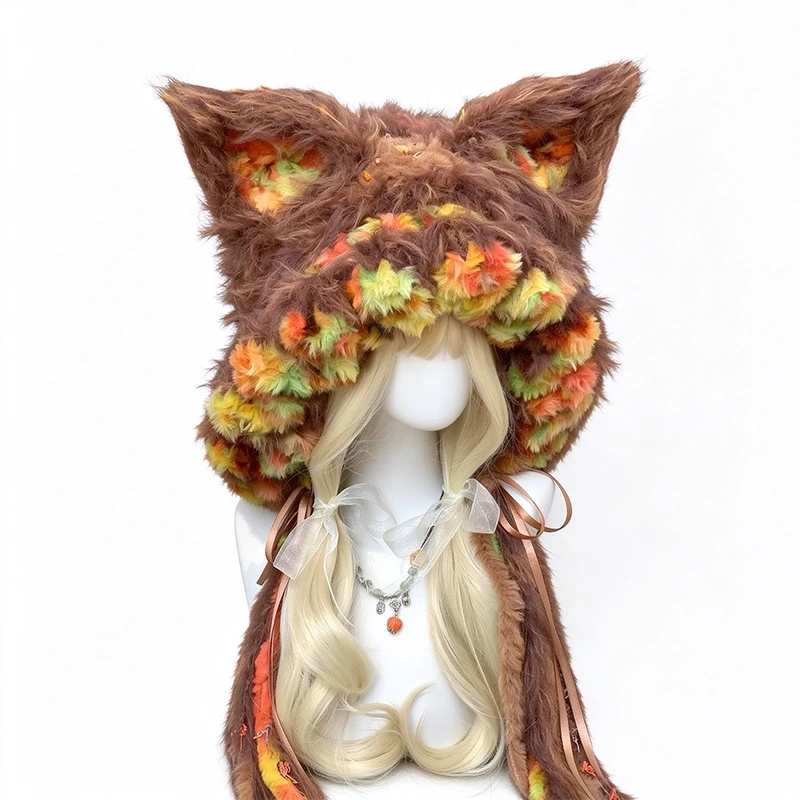 Handmade Crochet Brown Fox Cat Ear Hood Hat Men Custom Knit Bunny Rabbit Ears Beanie Women Winter Warm Cosplay Halloween Caps