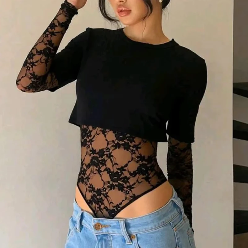 Women's Pure Colour Lace Design Long Sleeved Fake Two-piece Fashion Sexy Round Neck Short Sleeved Top Jumpsuit Street Clothe