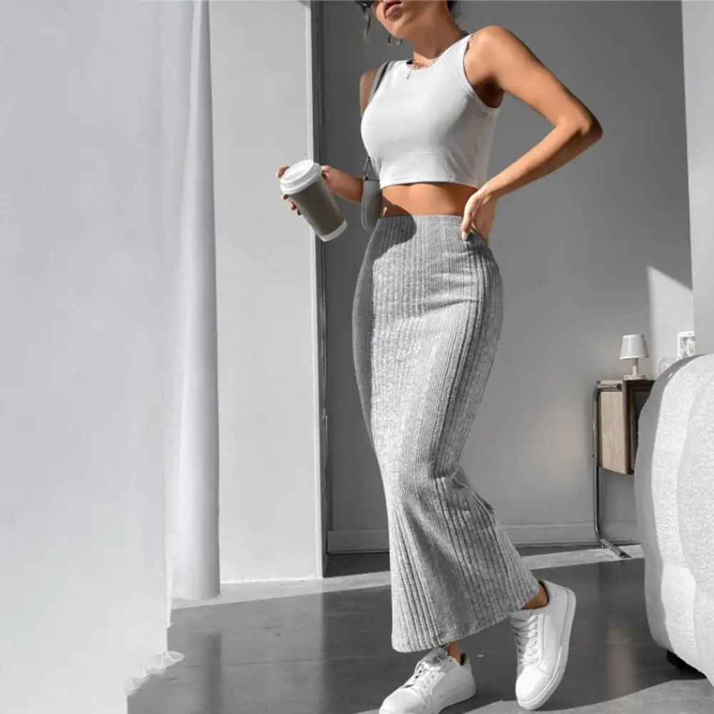 Fashionable High Waist Skirt Solid Color Skirt Women’s High Waist Knitted Maxi Skirt Thick Warm Ankle-length Fall Striped Skirts