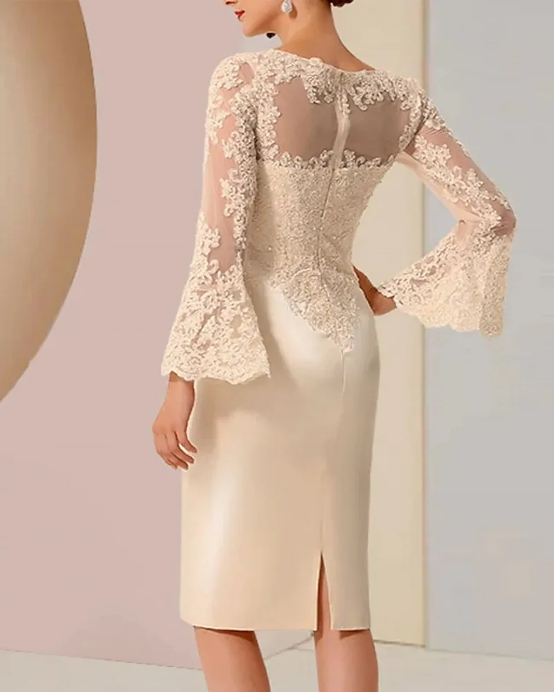 Sheath Mother of the Bride Dress Plus Size Elegant Jewel Knee Length Lace Satin Sleeves Wedding Formal Party Gowns Customized