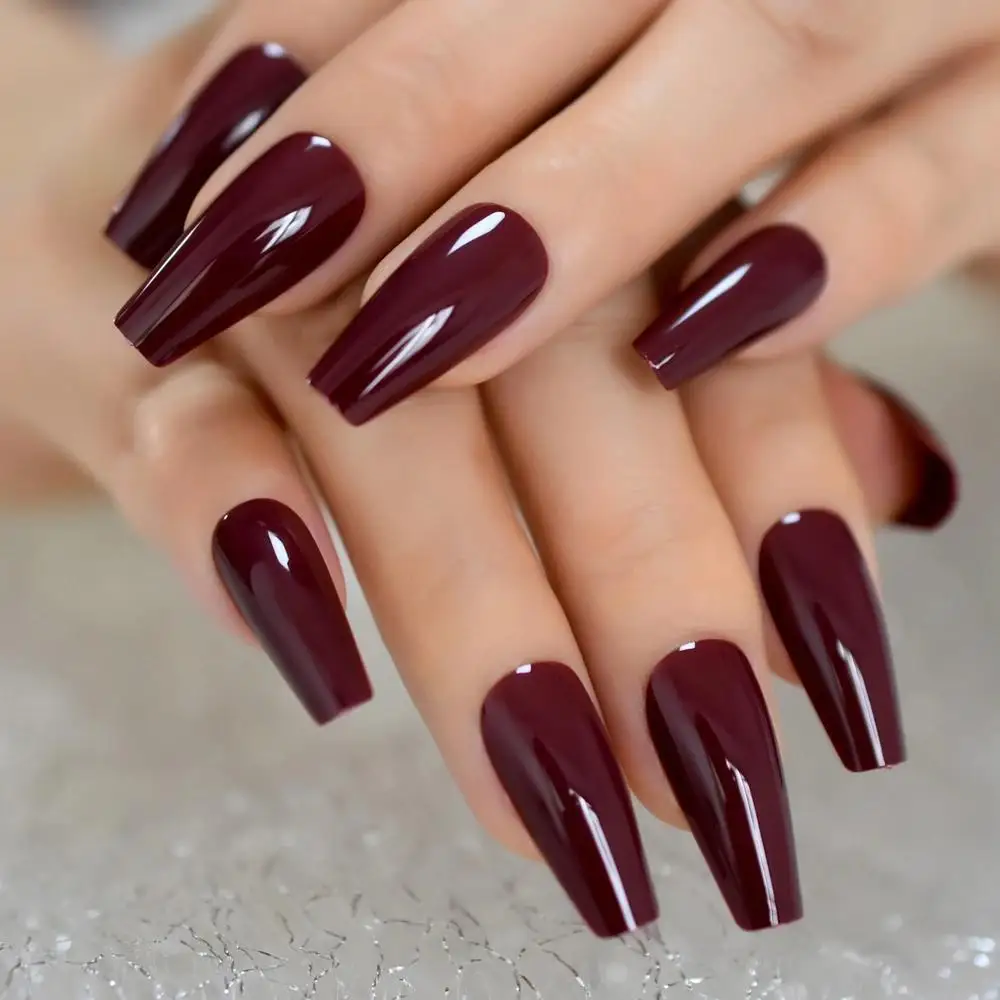 

Shiny Dark Brown Artificial Press On Fake Nails With Glue Sticker Short Ballerina Coffin False Nails Manicure Finger Accessory