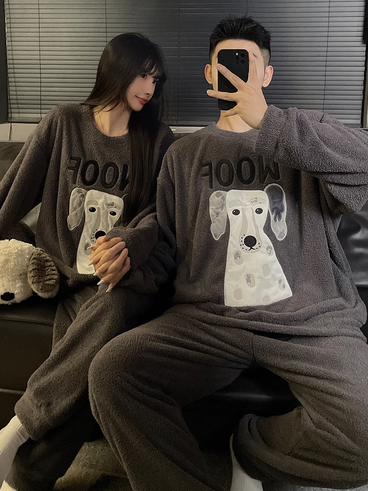 DAIMELU الشتاء ملابس خاصة مجموعة منامة الرجال المرجان الصوف الفانيلا سميكة الدافئة الذكور طويلة الأكمام الكرتون كبيرة الحجم المتسكعون مجموعة