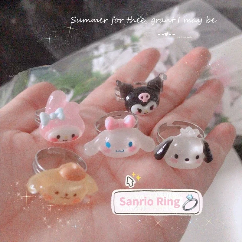 Sanrio cartoon adjustable ring lovely Cinnamorroll My Melody Kuromi doll resin accessories children\'s decorative toys girl gift