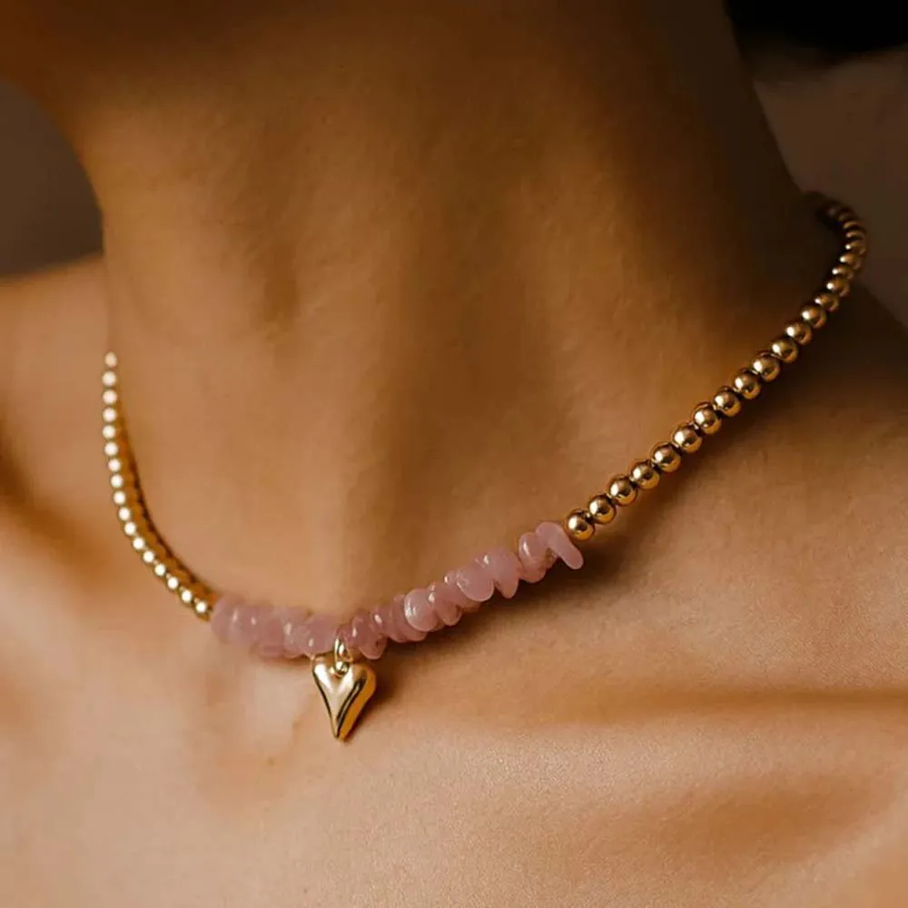 Vintage Gold Metallic Peach Heart Pendant Necklace 2026 Simple Bead Pink Natural Stone Weaving Girl Fashion Birthday Jewelry