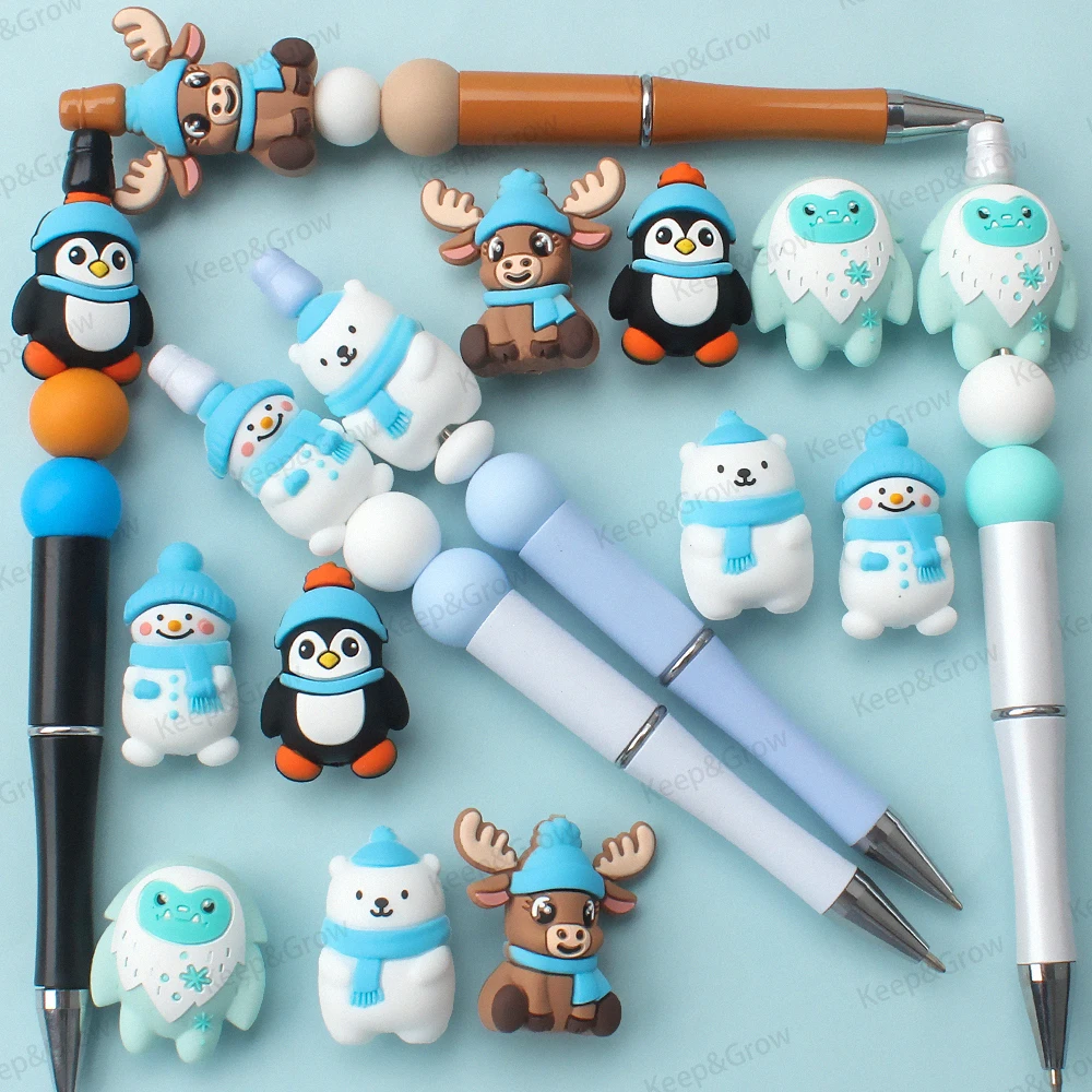 5/20/50 قطعة موضوع الشتاء ثلاثية الأبعاد سيليكون الخرز ثلج البطريق الدب القطبي الأيائل الثلوج الوحش البؤري الخرز Keychain بها بنفسك المفاتيح صنع المجوهرات