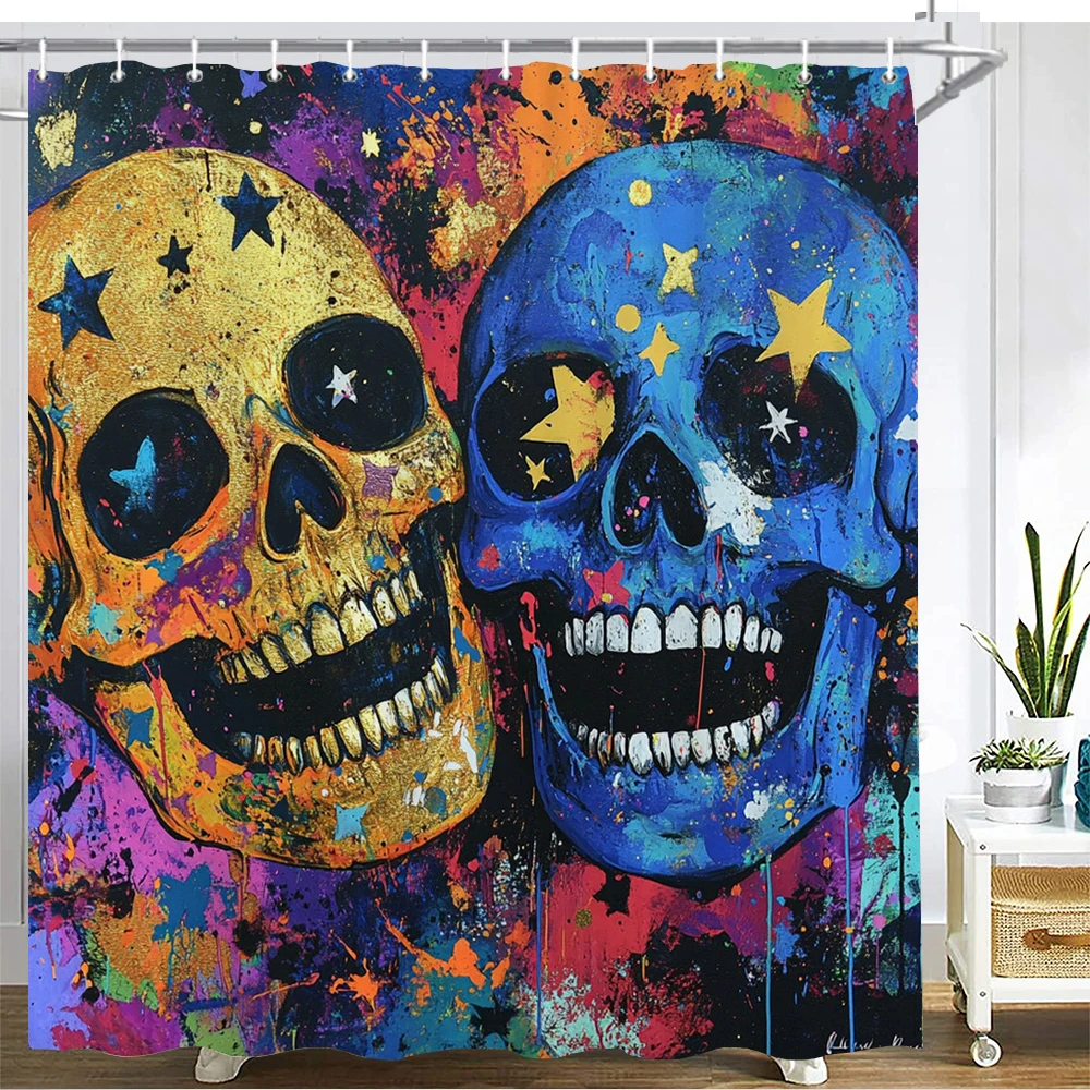 

1PC Skull Floral Shower Curtain Halloween Gothic Skeleton Blue Rose Flower All Saints Day Home Vintage Fashion Fall Decor Fabric