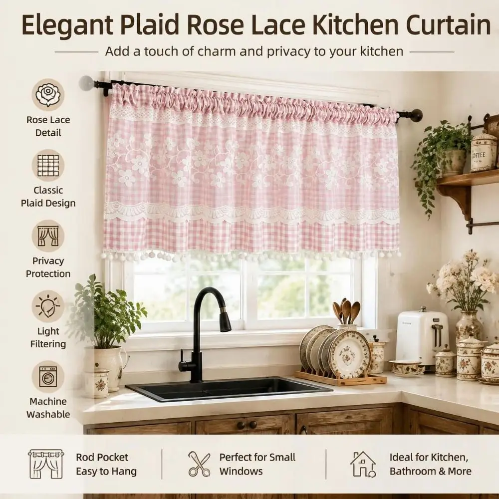 Decorative Lace Trim Oven Skirt Curtain Vintage Rustic Dishwasher Cover Gingham Pattern Stove Cover Home Decor
