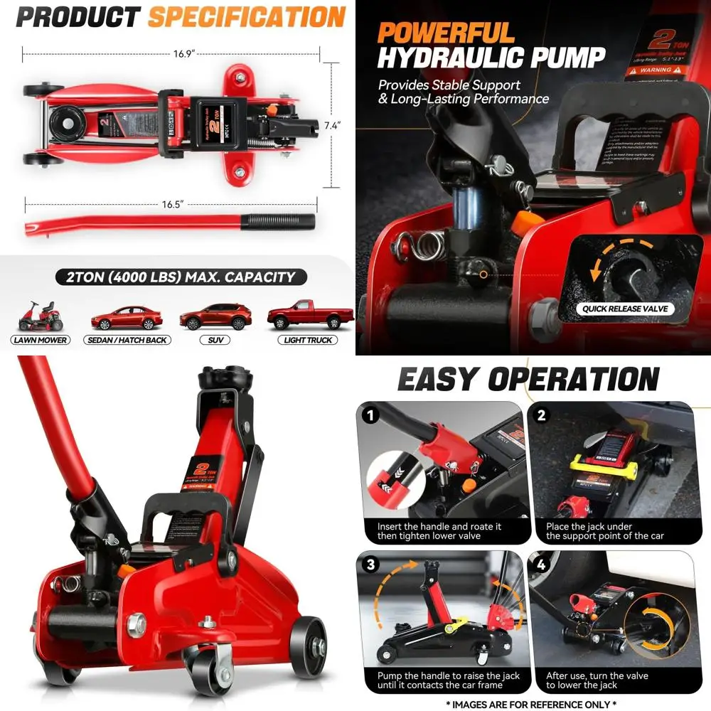 

Мощный однопоршневой стальной автомобильный домкрат с быстродействующим насосом, диапазон подъема 5.1-13 см, красный