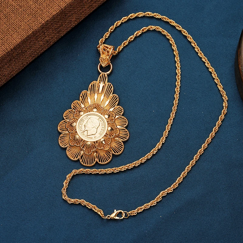Herseygold Arabesque Flower Gold Plated Necklace with Slid Chain Napoleon Figure Coin Pendants Arabic French Wedding Jewelry