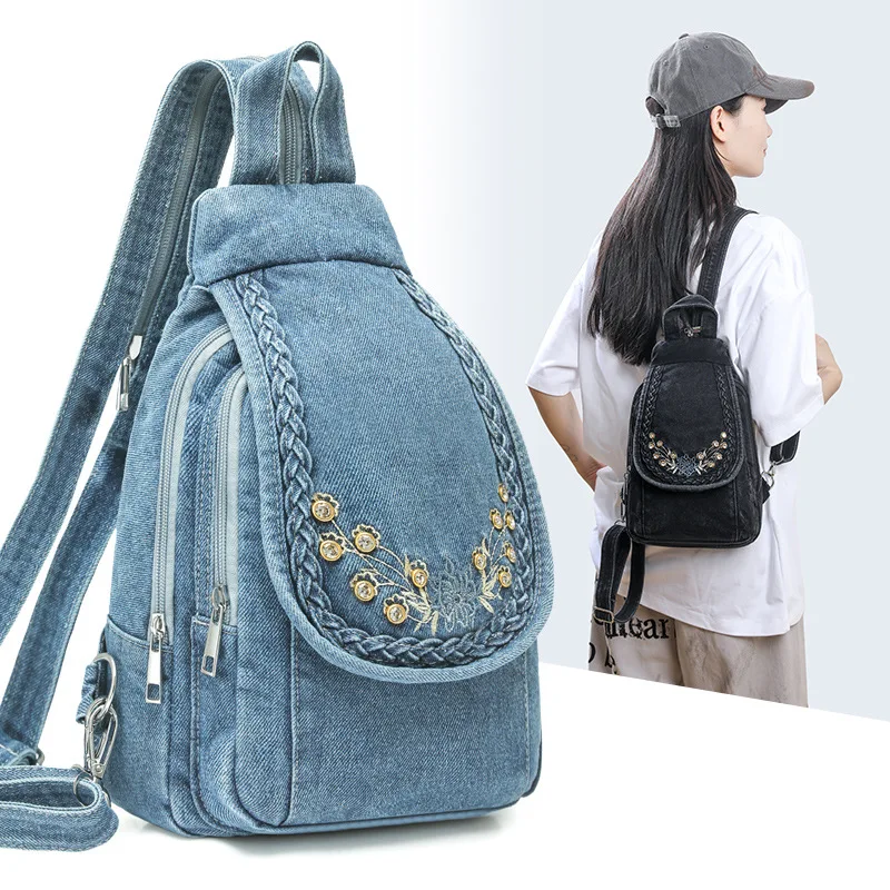 Fashion Women Denim Backpacks Embroidery Small Travel Bag Female Rhinestones Denim Bagpack Ladies Chest Bags