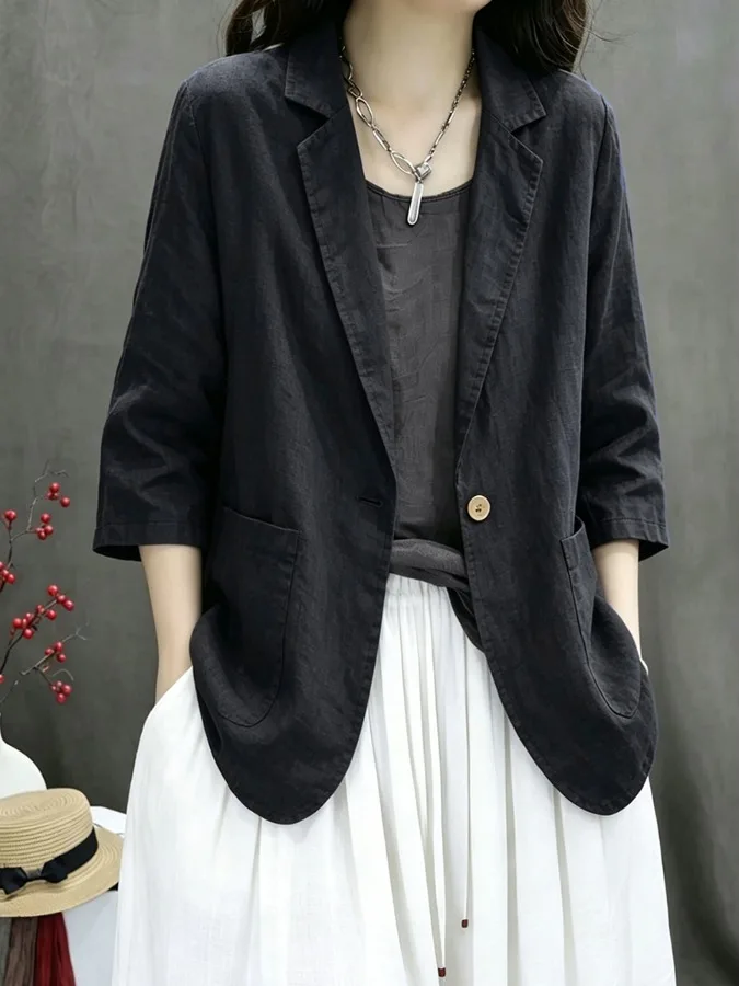 Summer New 2026 Artistic Vintage Cotton Linen Casual Three-Quarter Sleeve Pure Color Small Western Style Short Outerwear Top