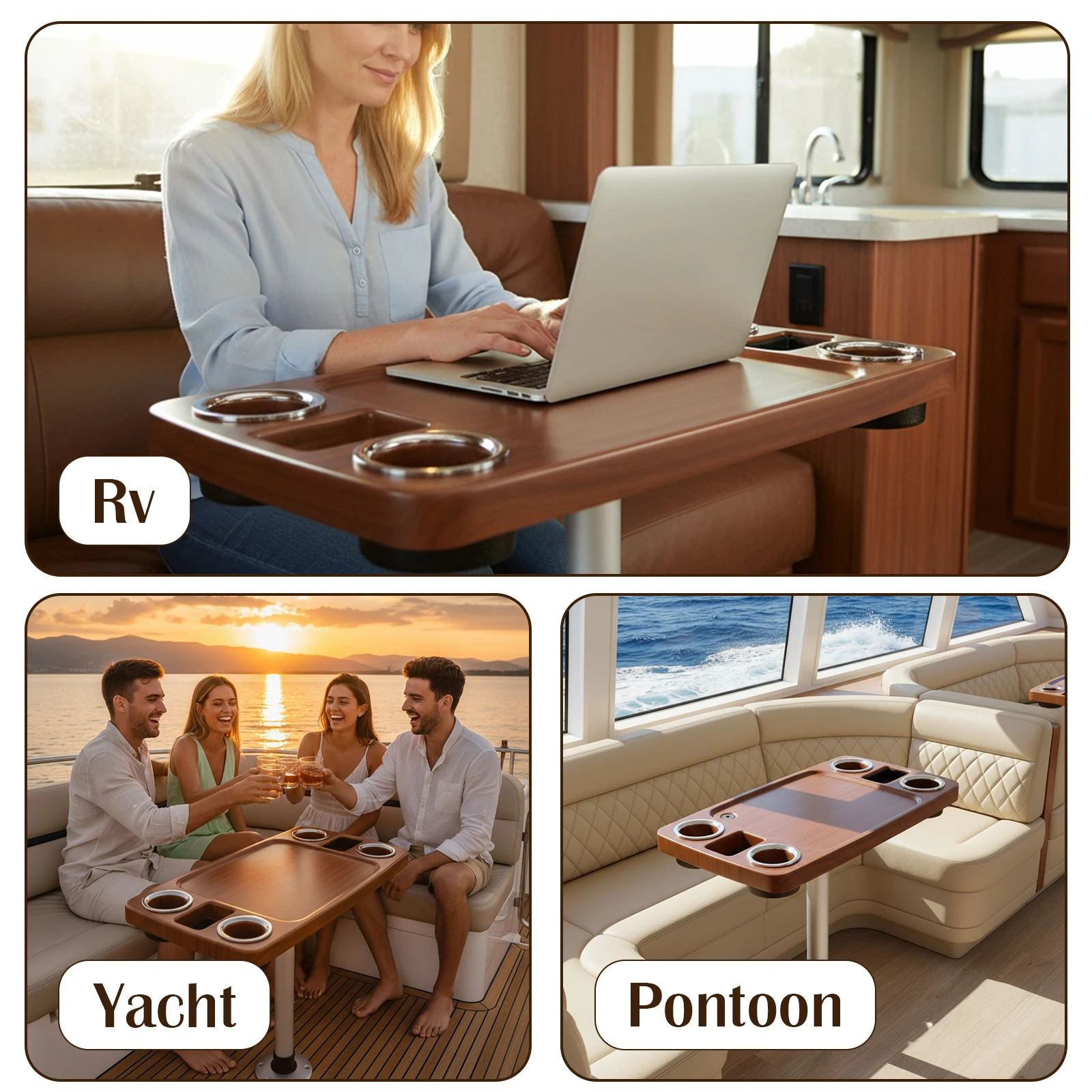 

Marine RV Outdoor Boat Tea Table 4 Drink Holders 2 Phone Stands 34X18 Inch Wood Grain Balcony Table Plastic Ship Accessories