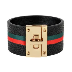 Kirykle Women Cuff Leather Bracelets Red Green Ribbon Bangles Simple Steel Lock Design Wide Charm Bracelets Punk Female Jewelry