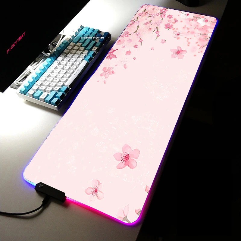 Game Mousepad RGB Sakura LED Game Accessories Computer Keyboard Carpet Pad PC Notebook Pad Gamer Desk Mat Pink Mats For Mice