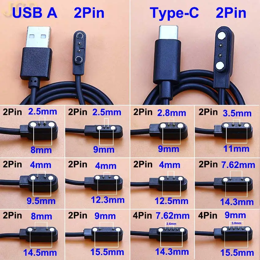 2Pin 4Pin Contact Magnetic Connector USB A Type-C Smartwatch Charging Cable Cord For Adult/Kids Smart Watch Power Charge Wire