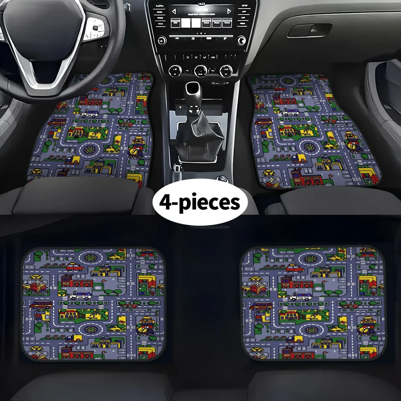4pcs Set High-End City Traffic Pattern Printed Car Floor Mats | Easy To Clean, Decorative And Protective Accessories For Driving