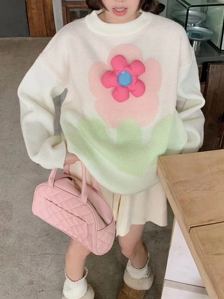 

Winter Elegant Women Knitting Sweater Sweety Girly Three-dimensional Flowers Pullovers Full Sleeve Loose Thickening Sweater