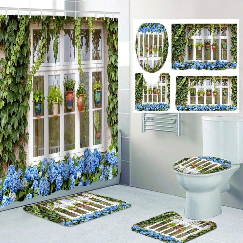 

4/1 Занавеска для душа с пейзажем на открытом воздухе, украшение для сиденья унитаза, занавеска для душа с ковром и крышкой для унитаза, размер 70,8x70,8 дюйма