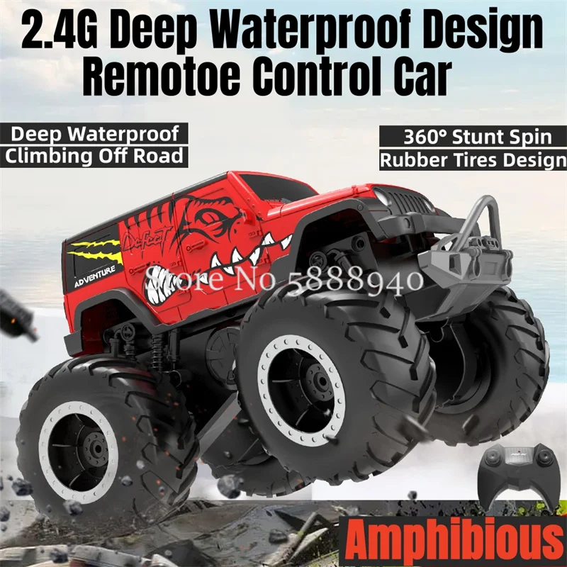 Deep Waterproof 1:24 Remotoe Control Car 2.4G 4WD Climbing Off Road Rubber Tires 360° Spin Head Raise Stunt Amphibious RC Car