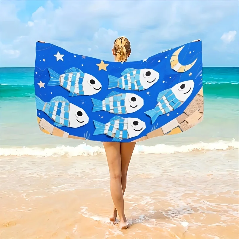 Toalla de playa con diseño de peces tropicales, suave, absorbente, de secado rápido, ligera, beige, ligera, azul vibrante con blanco