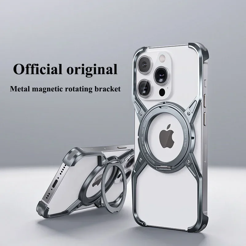 

360° Rotation Stand Rimless Metal Aluminum Alloy Phone Case For iPhone 15 14 13 Pro Max Magnetic MagSafe Shockproof Bumper Cover