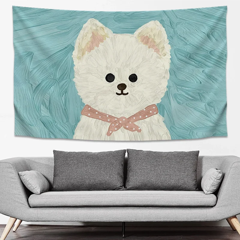 VIKAMA White Dog Oil Painting Wall Tapestry Pink Cute Pet Kawaii Home Decor Unique Gift Soft Durable Cozy Aesthetic Washable