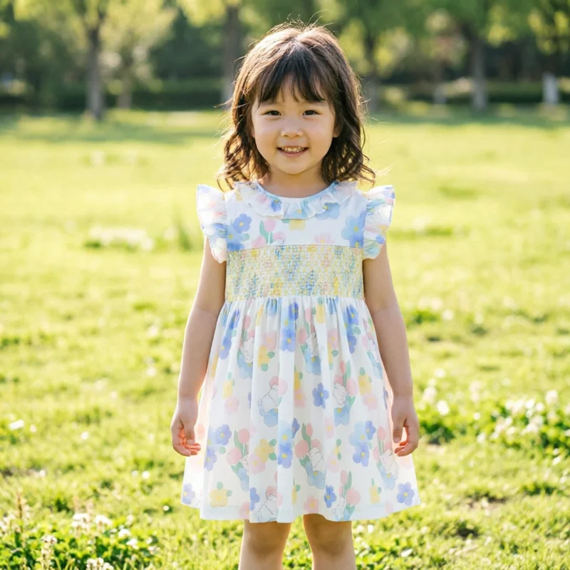 Girls Print Dress 2026 New Summer Cute Smocked Cotton Princess Dress Sweet Korean Style for Toddler Kids Girls