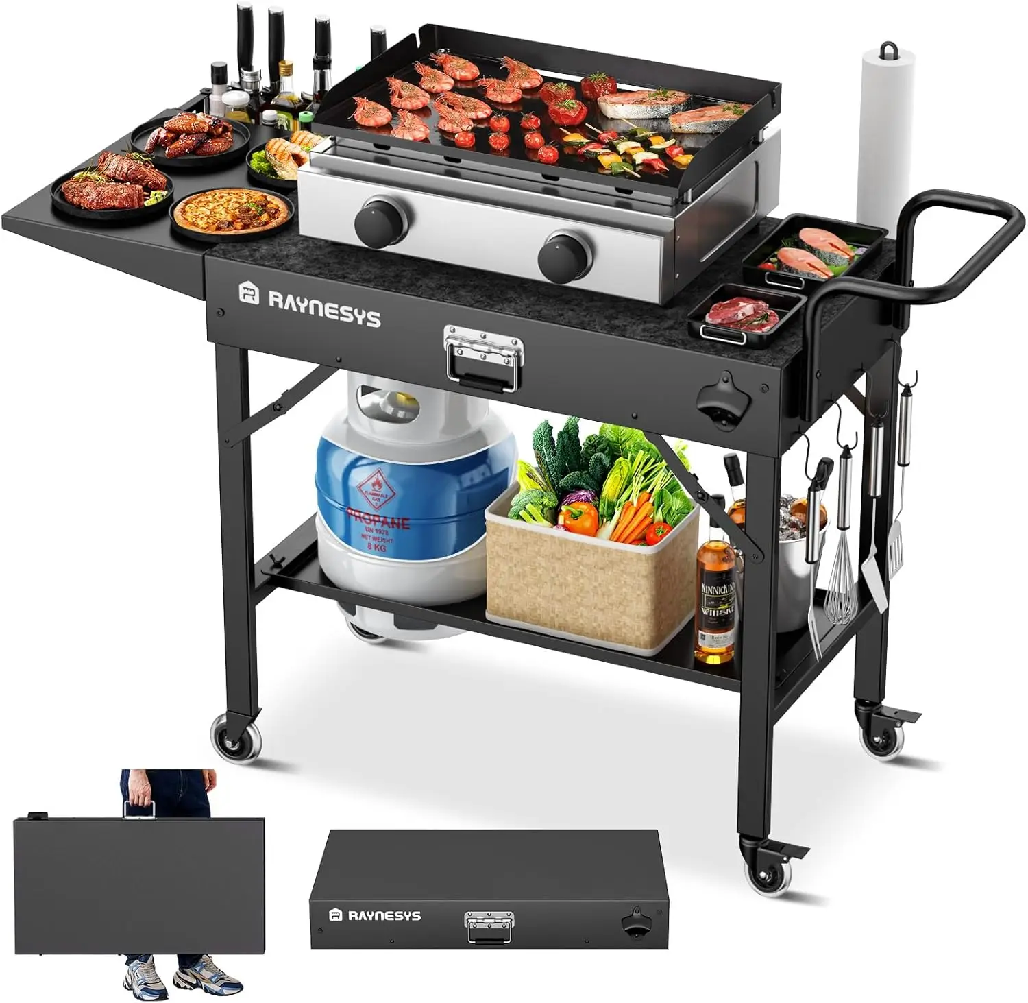 

Portable Folding Grill Cart with Wheels, 440lbs Capacity Outdoor BBQ Table for Pizza Oven & Camping