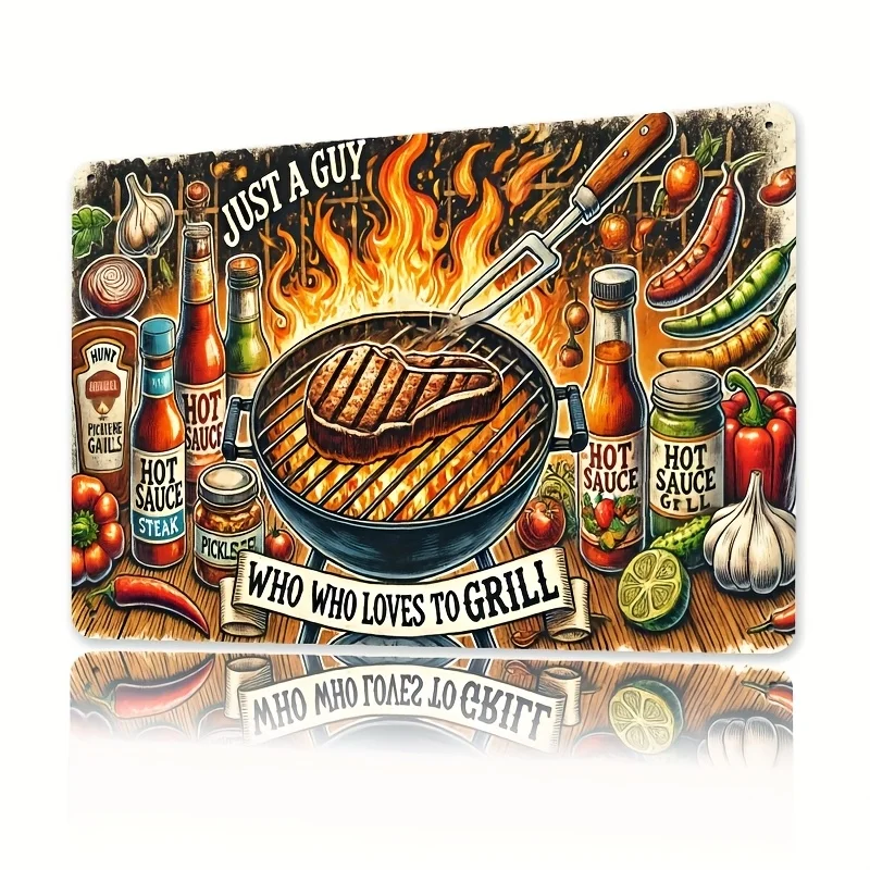 Letrero de pared de metal para barbacoa vintage, obra maestra de parrilla retro con diseño "JUST A GUY WHO LOVES to GRILL", perfecto para cocina