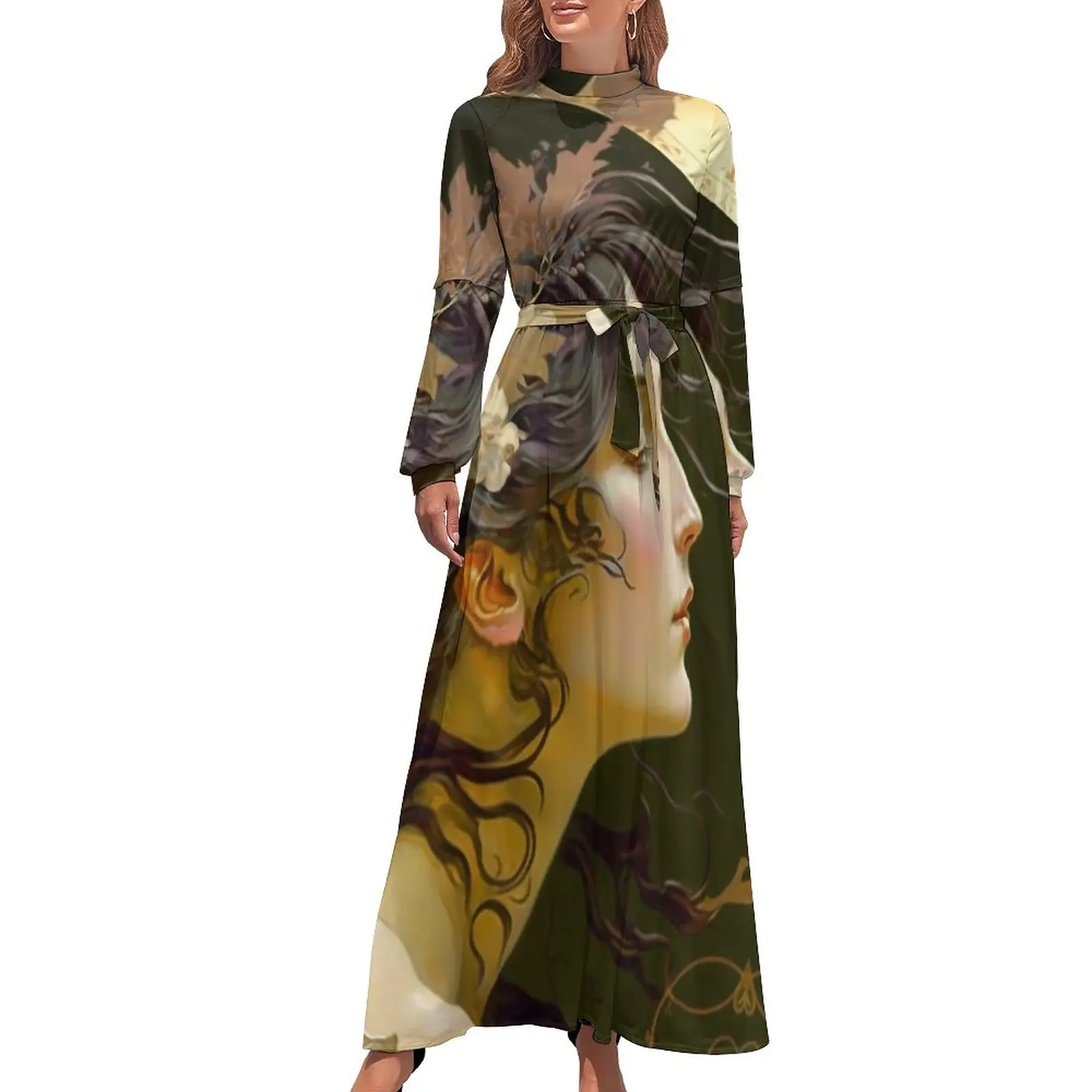 

Art Nouveau Lady Dress Retro Print Cute Maxi Dress Aesthetic Bohemia Long Dresses High Waist Graphic Clothing