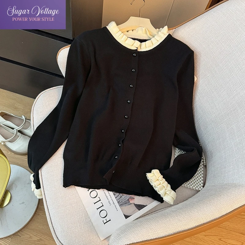 

Sweet Vintage Winter Knit Cardigan Women Ruffle Trim Contrast Long Sleeve Slim Fit Button Down Knitwear Preppy Style Autumn Tops