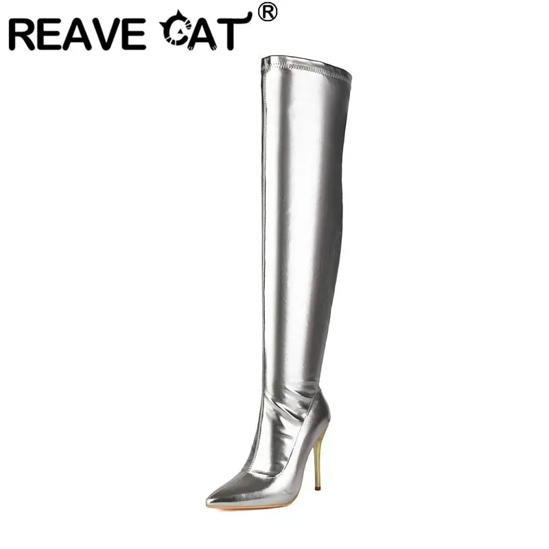 REAVE CAT botas hasta el muslo para mujer puntiagudas 11cm tacones ultraaltos cremallera Sexy banquete sobre la rodilla Otoño Invierno de gran tamaño 46-48