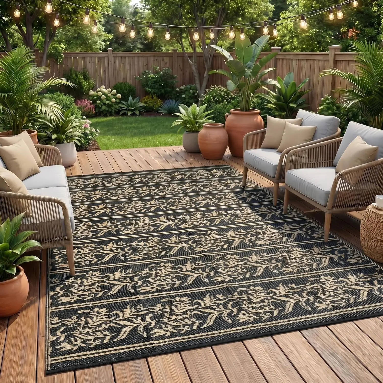 

Outdoor Rugs 5x8 Waterproof Reversible Mat Boho Leaf Patio Rug with 4 Stakes and Starage Bag, Large Outdoor RV Mat Rugs for C
