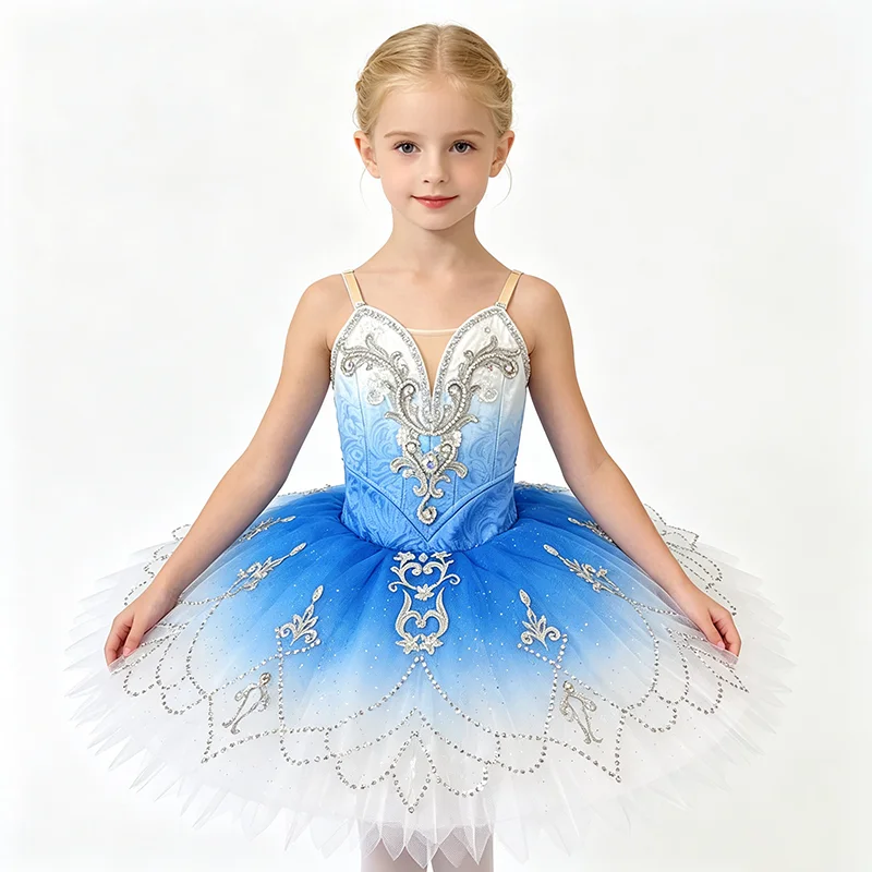 Womens Thin Strap V Neck Ballet Tutu Performance Dress Silver Rhinestone Vine Scroll Trim Blue White Gradient Full Glitter Skirt